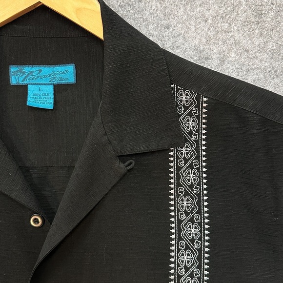 Paradise Blue Shirt Mens L 100% Silk Black with White Guayabera Rockabilly Style - Picture 2 of 7